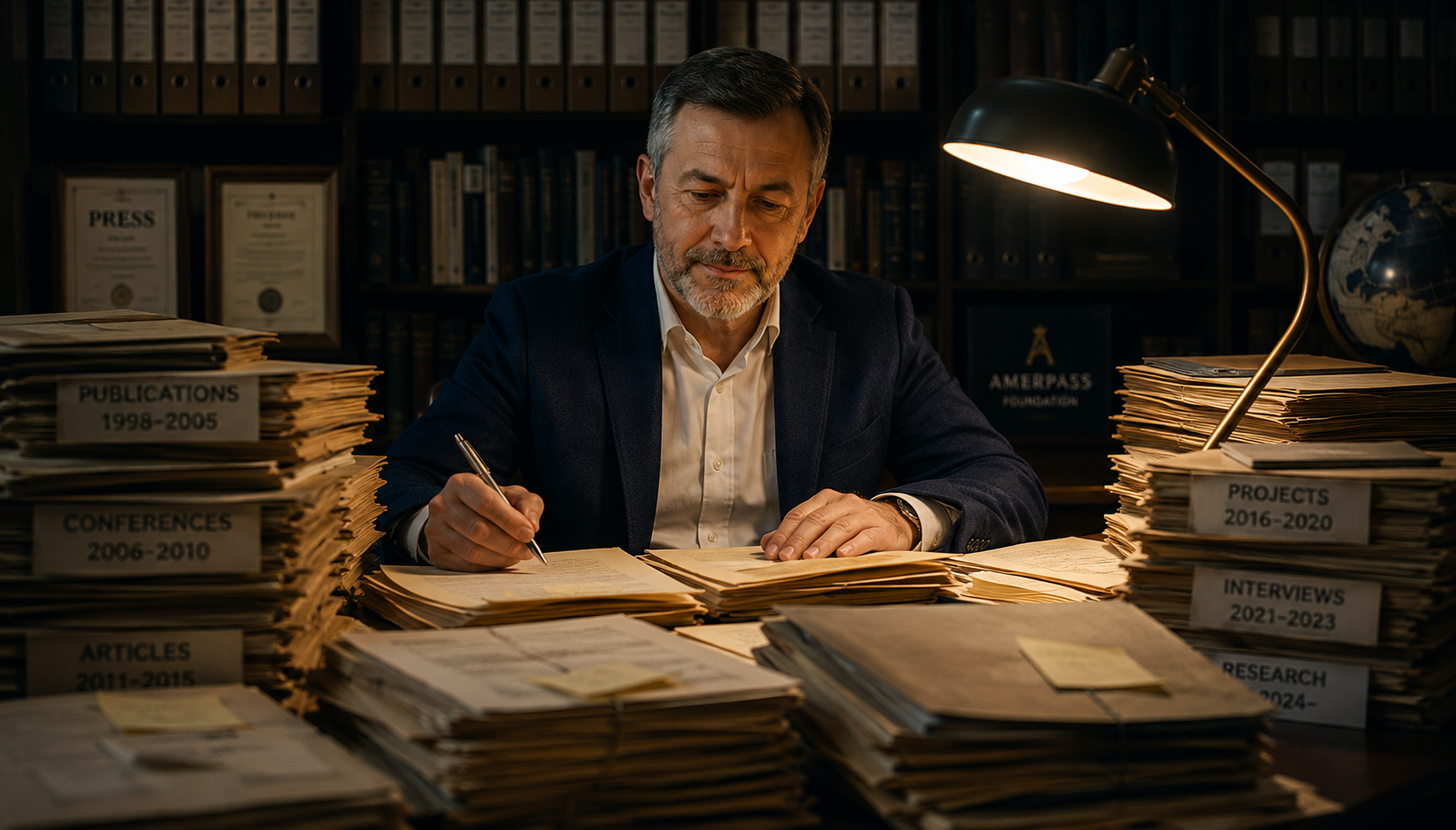 Professor working at a desk surrounded by decades of professional files
